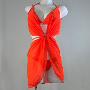 Fashion Nova Vibrant Balmy Beach Days 3 Piece Bikini Set - Neon Orange SMALL
